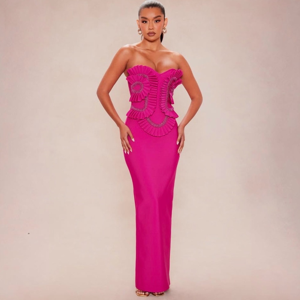 Fashion Nova Strapless Hot Pink Ruffle Column Gown